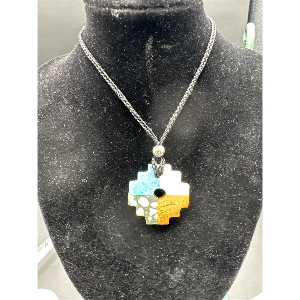 Vintage Chakana Inca Necklace, Hand Carved Andean Cross, Natural Stone